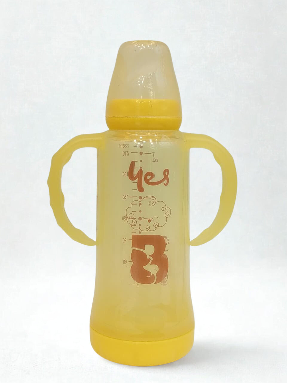 YES Baby Feeders Glass Bottle 220ml Yellow Imported with handles & Cap for Kids Baby Shaark