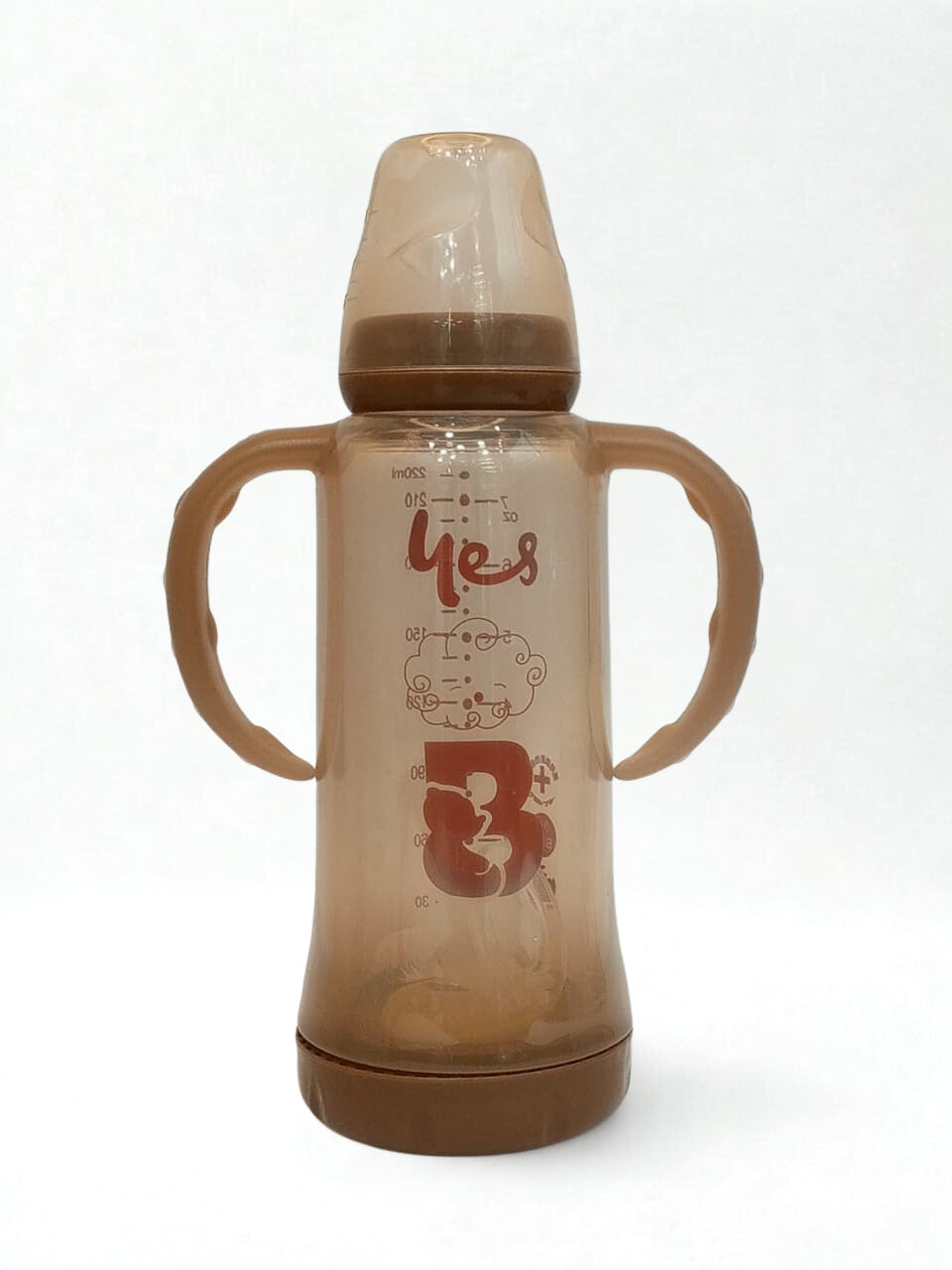 YES Baby Glass Feeders Bottle 220ml Brown Imported with handles & Cap for Kids Baby Shaark