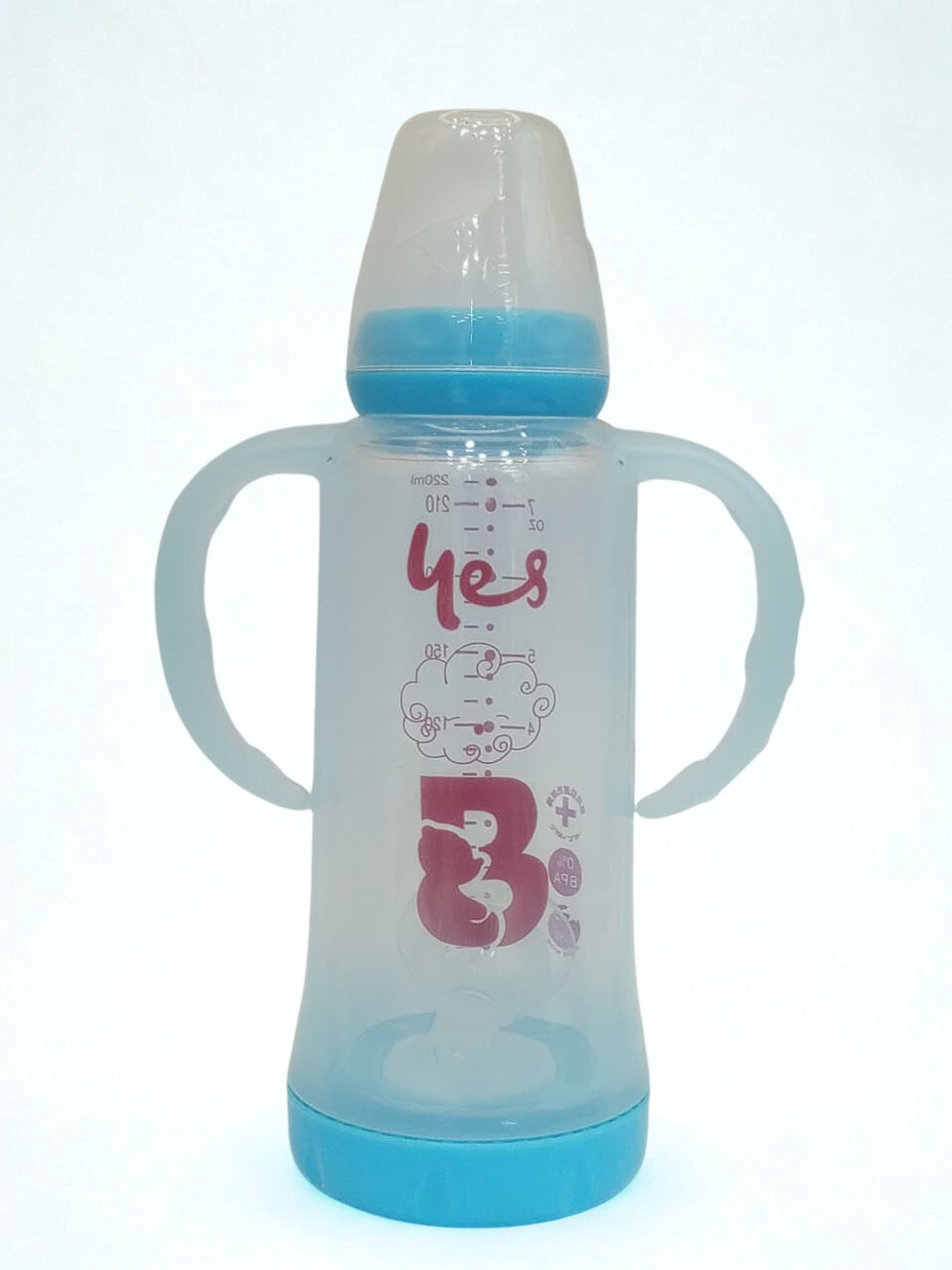 YES Baby Feeders Glass Bottle 220ml Sky Blue Imported with handles & Cap for Kids Baby Shaark