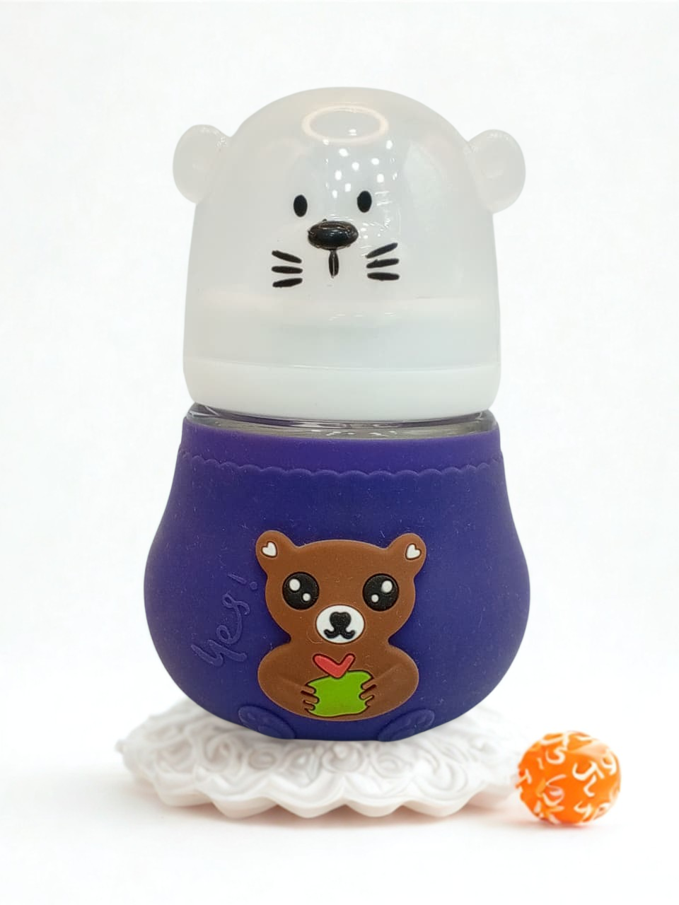 Baby Glass Feeder Bottle Blue Teddy Bear Imported with Silicone Cover Baby Shaark