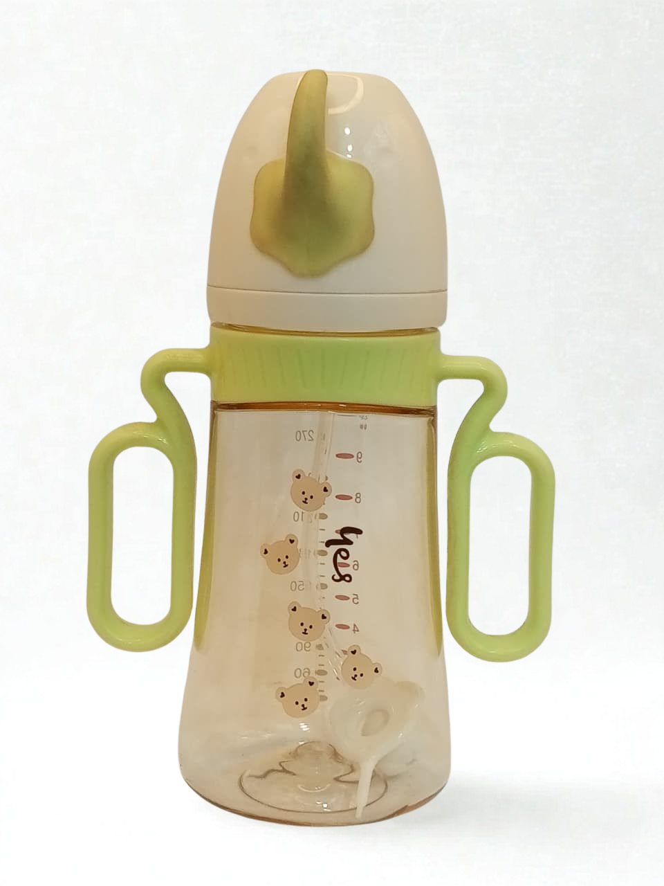 YES Baby Glass Feeders Bottle Green 300ml Imported with handles & Cap for Kids Baby Shaark