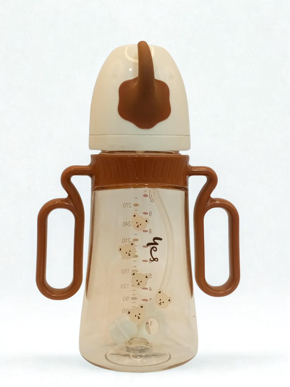 YES Baby Glass Feeders Bottle Brown 300ml Imported with handles & Cap for Kids Baby Shaark