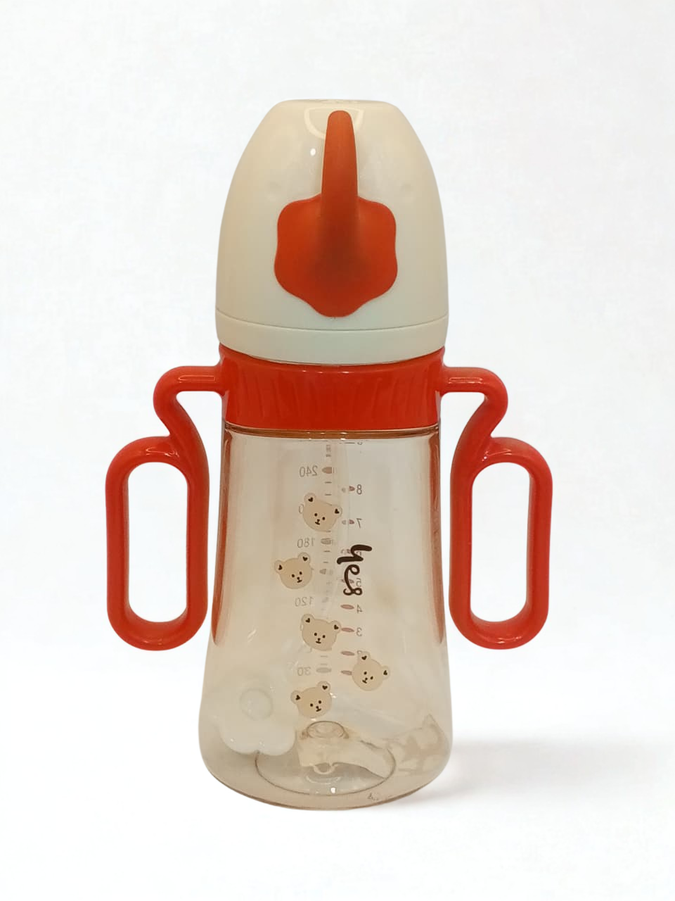 YES Baby Glass Feeders Bottle RED 300ml Imported with handles & Cap for Kids Baby Shaark