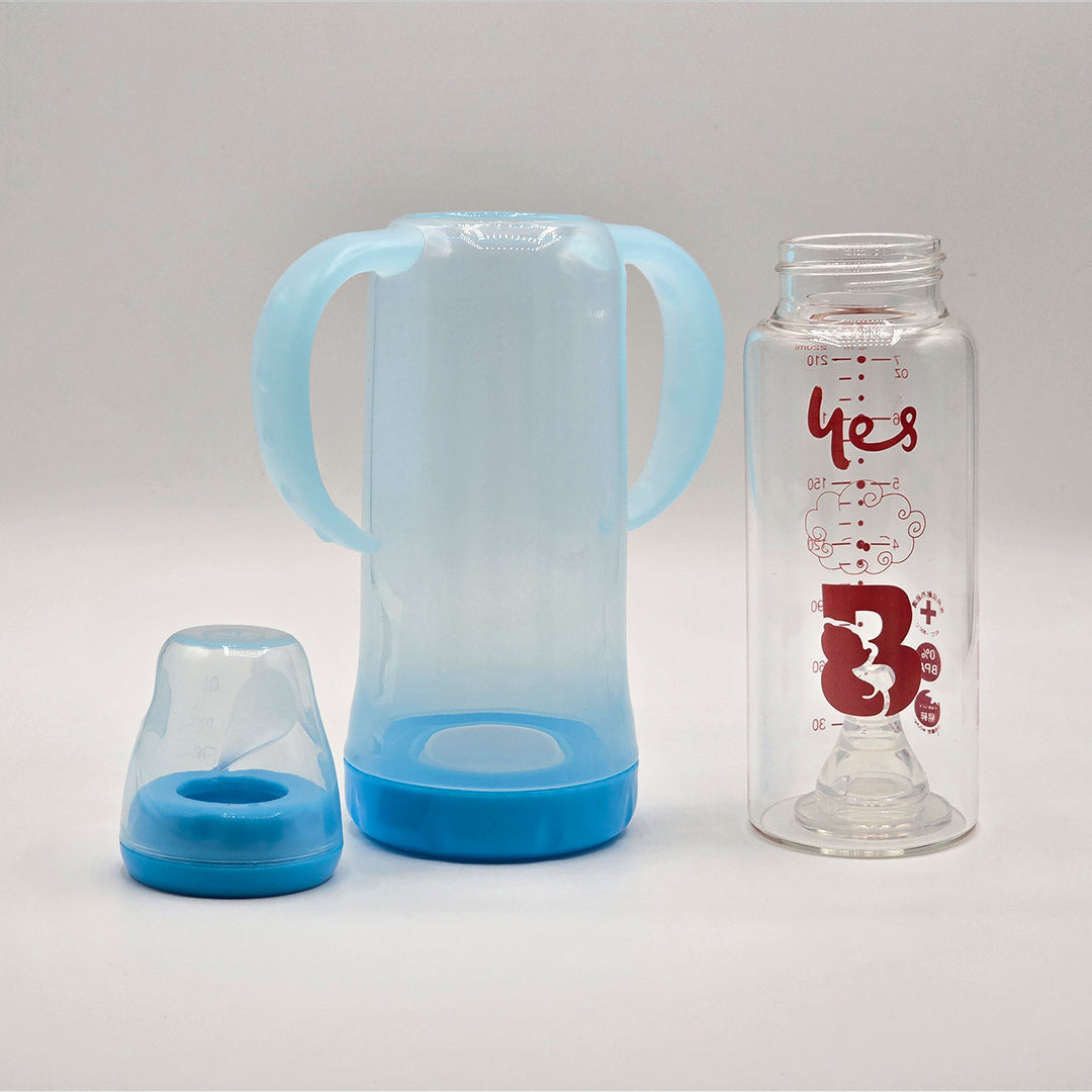 YES Baby Feeders Glass Bottle 220ml Sky Blue Imported with handles & Cap for Kids Baby Shaark