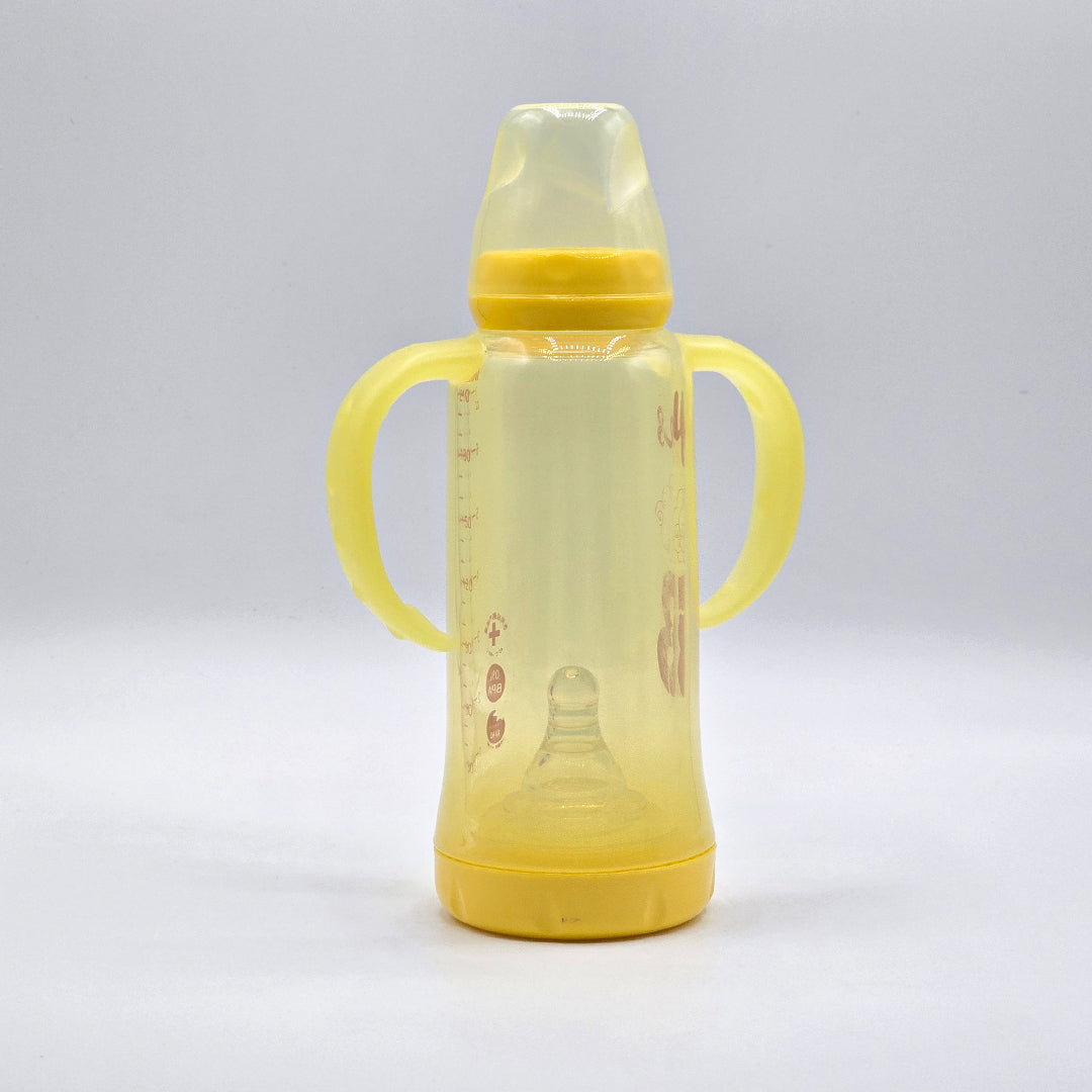 YES Baby Feeders Glass Bottle 220ml Yellow Imported with handles & Cap for Kids Baby Shaark